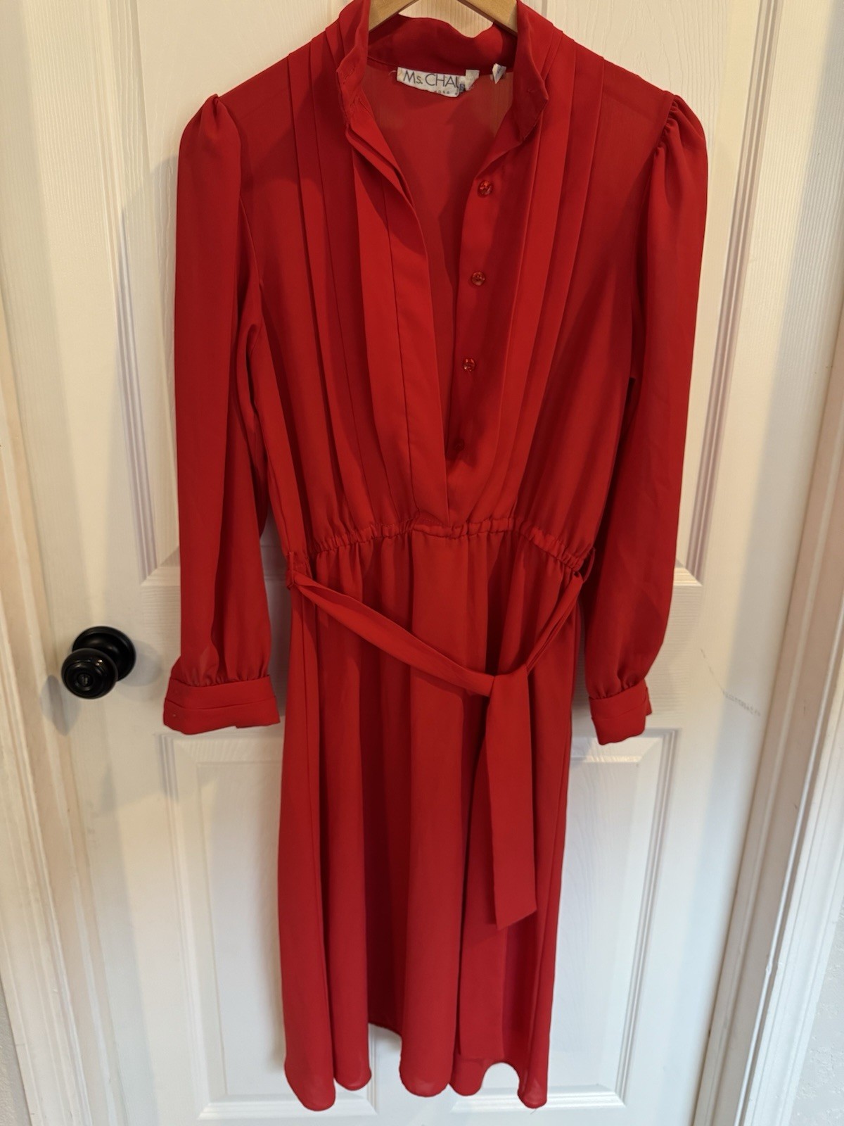 MS. CHAUS Hong Kong Vintage Red Pleated A-line Opaque Belted Dress Size 6