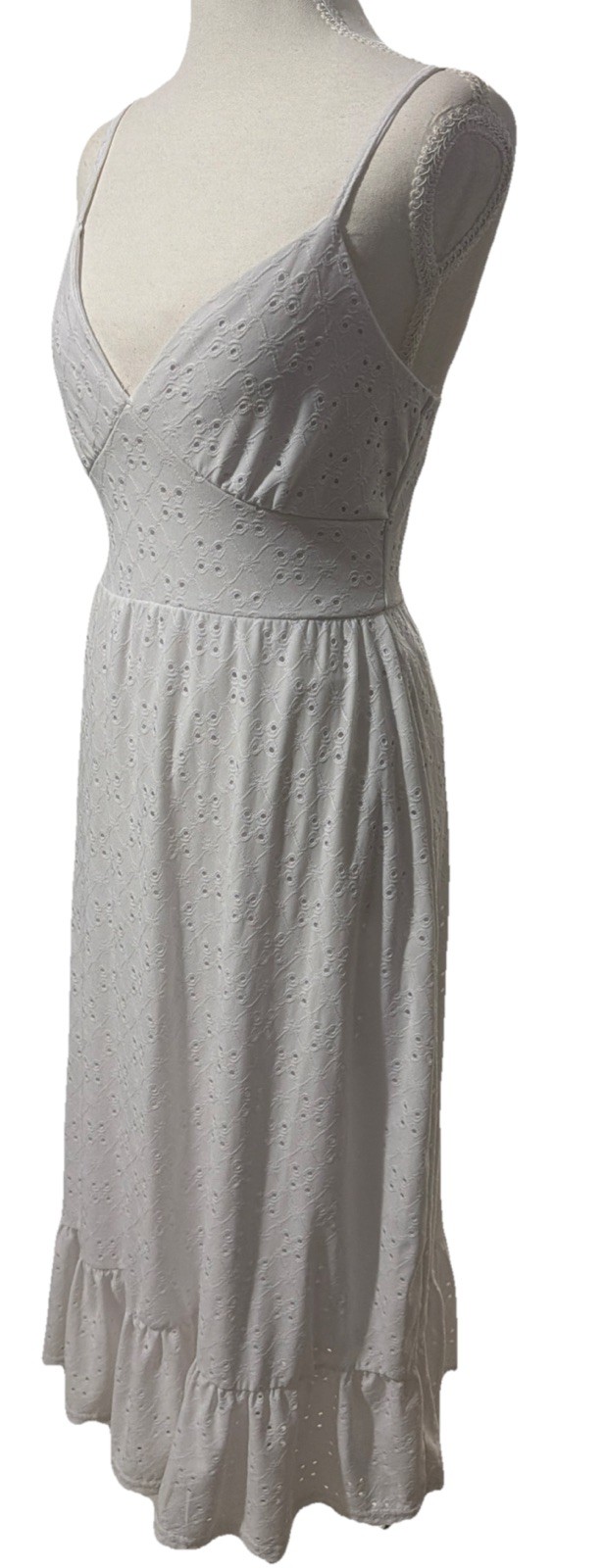 Chic White Resort Cottagecore Bohemian Eyelet Midi Dress Sz Small Flowy Cruise