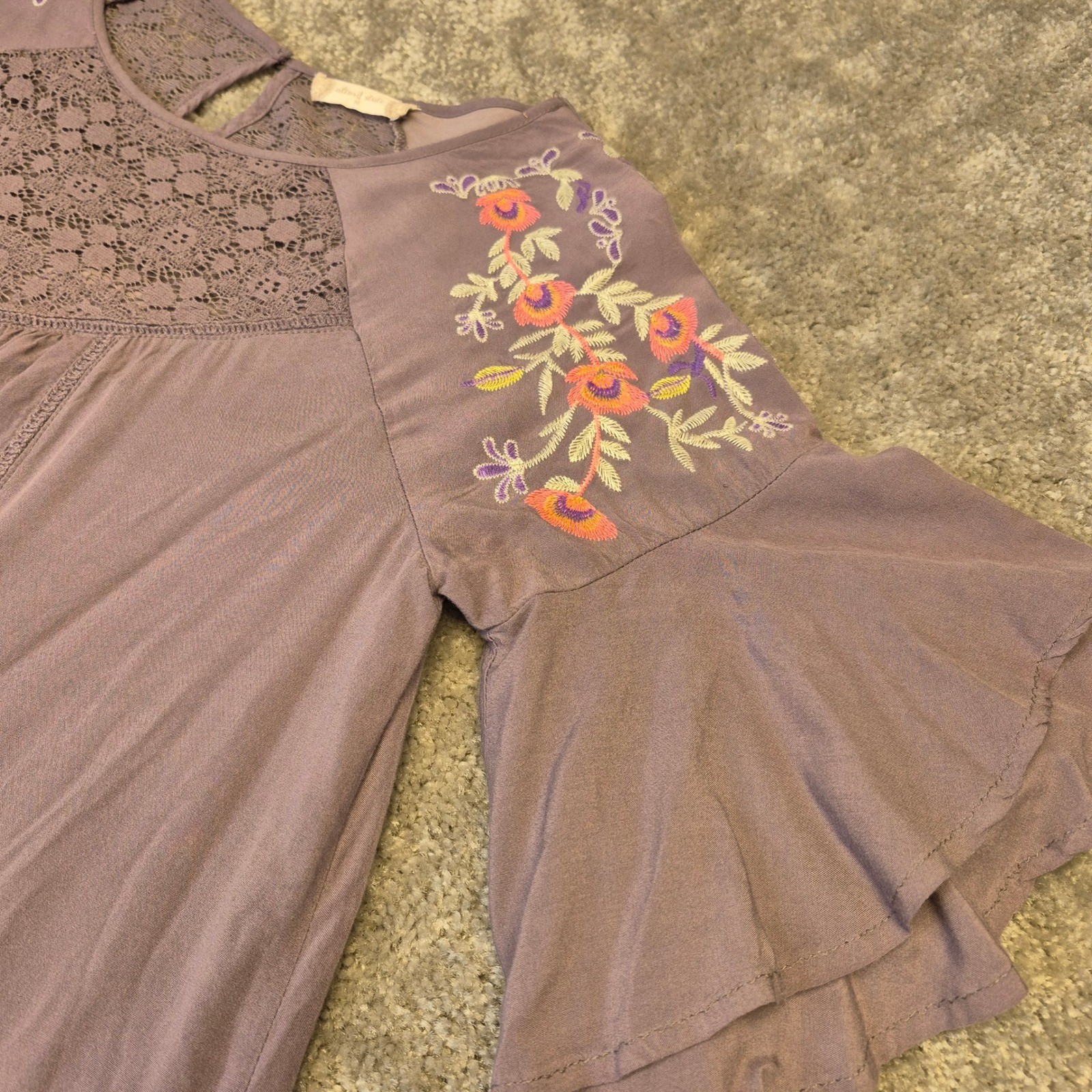 Altard State Womens Purple Floral Embroidered Boho Lace Bell Sleeve Dress M