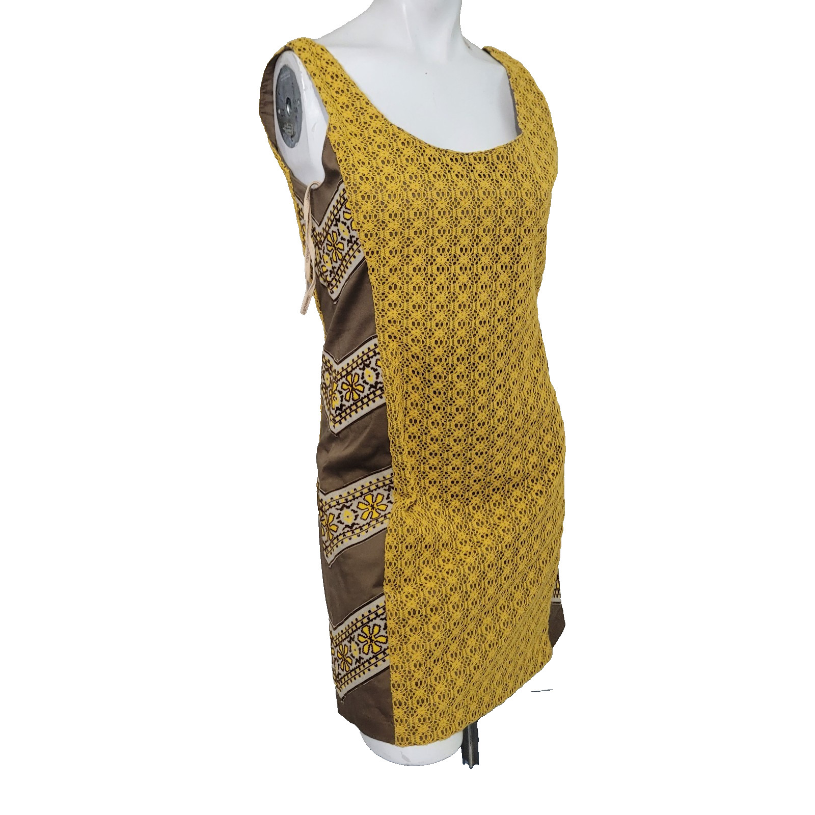Judith March Medium dress tweed yellow brown flower zip lining neck floral