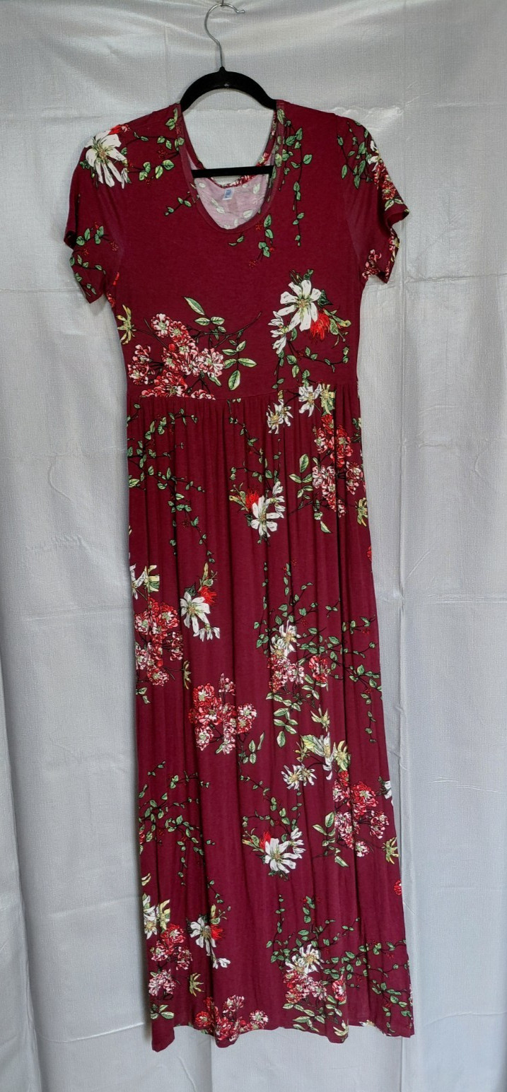 Viishow Floral Knit Maxi Dress LG Maroon Short Sleeve Long Full Gathered