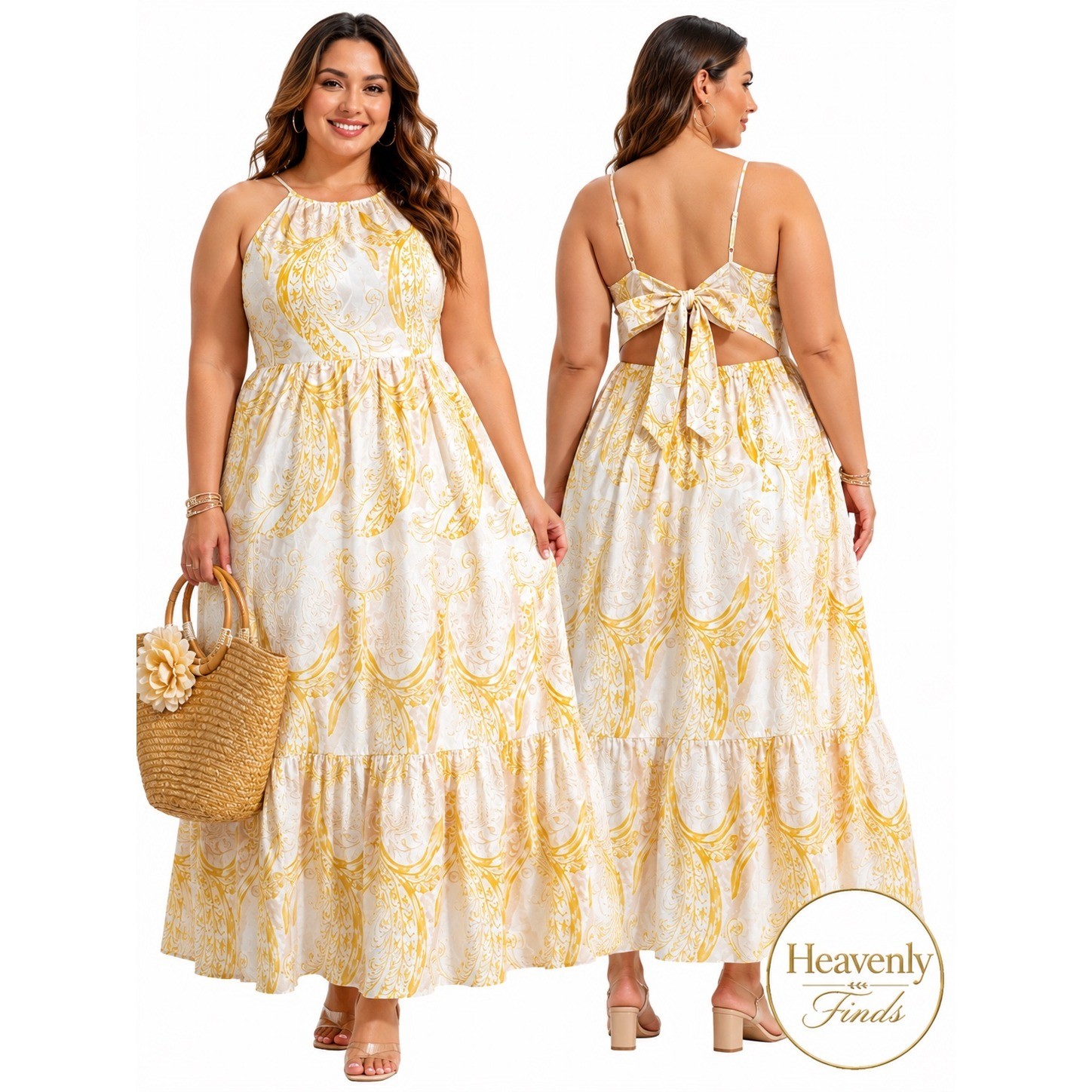 Yellow Embroidered Floral Halter Maxi Dress XXL Back Tie Bow Summer Wedding NEW