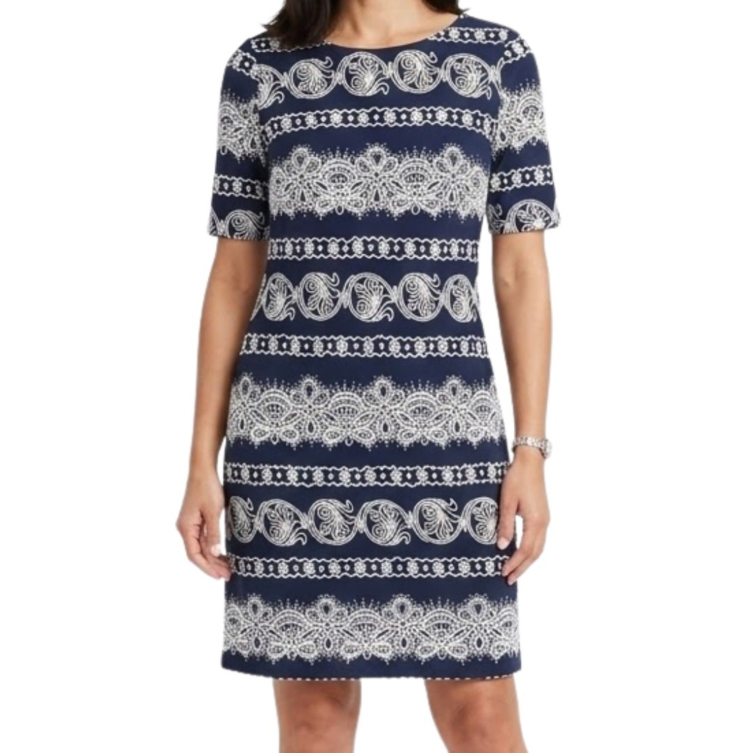 R&K Navy Blue White Lace Accents Shift Knee Length Dress Size 12 Professional