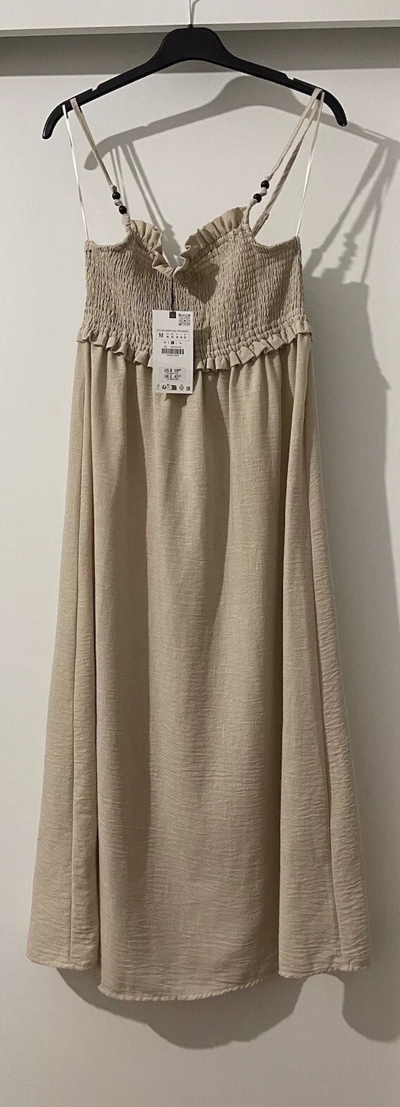 ZARA LIGHT CAMEL SMOCKED TOP THIN STRAPS MIDI DRESS SIZE M BNWT