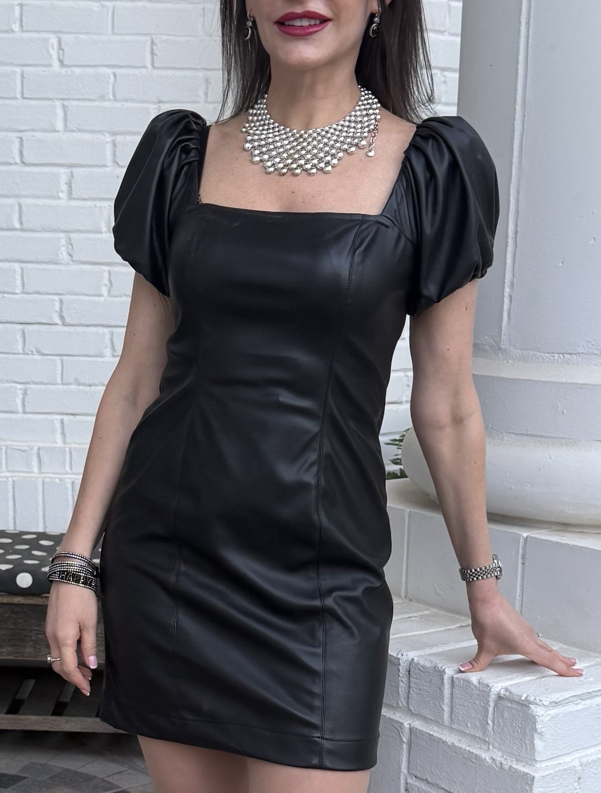 BCBGenetation size M puff sleeve black faux leather above the knee Dress NWT