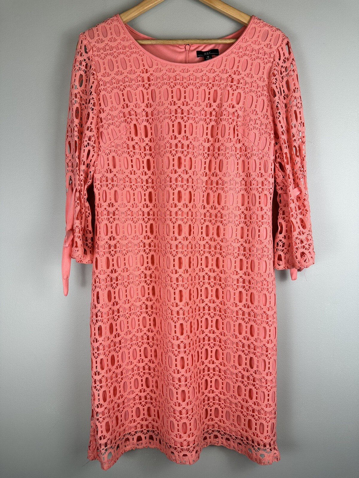 R & K Fashion Women’s Eyelet Lined Dress 3/4 Tie Sleeve Light Coral Size 12