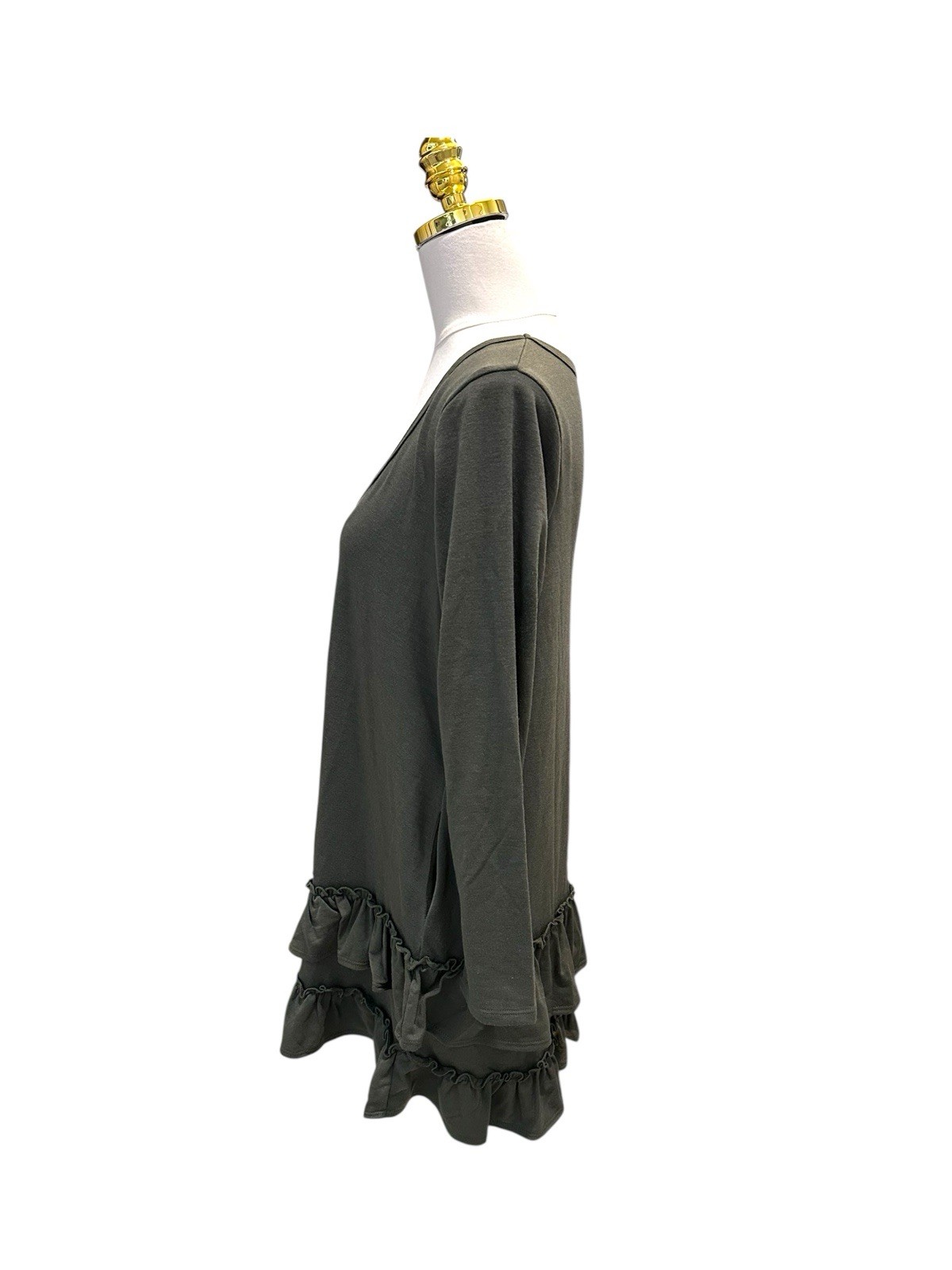 Three Bird Nest Constance Ruffle Hem Long Sleeve Dress Olive Green Sz S NWT
