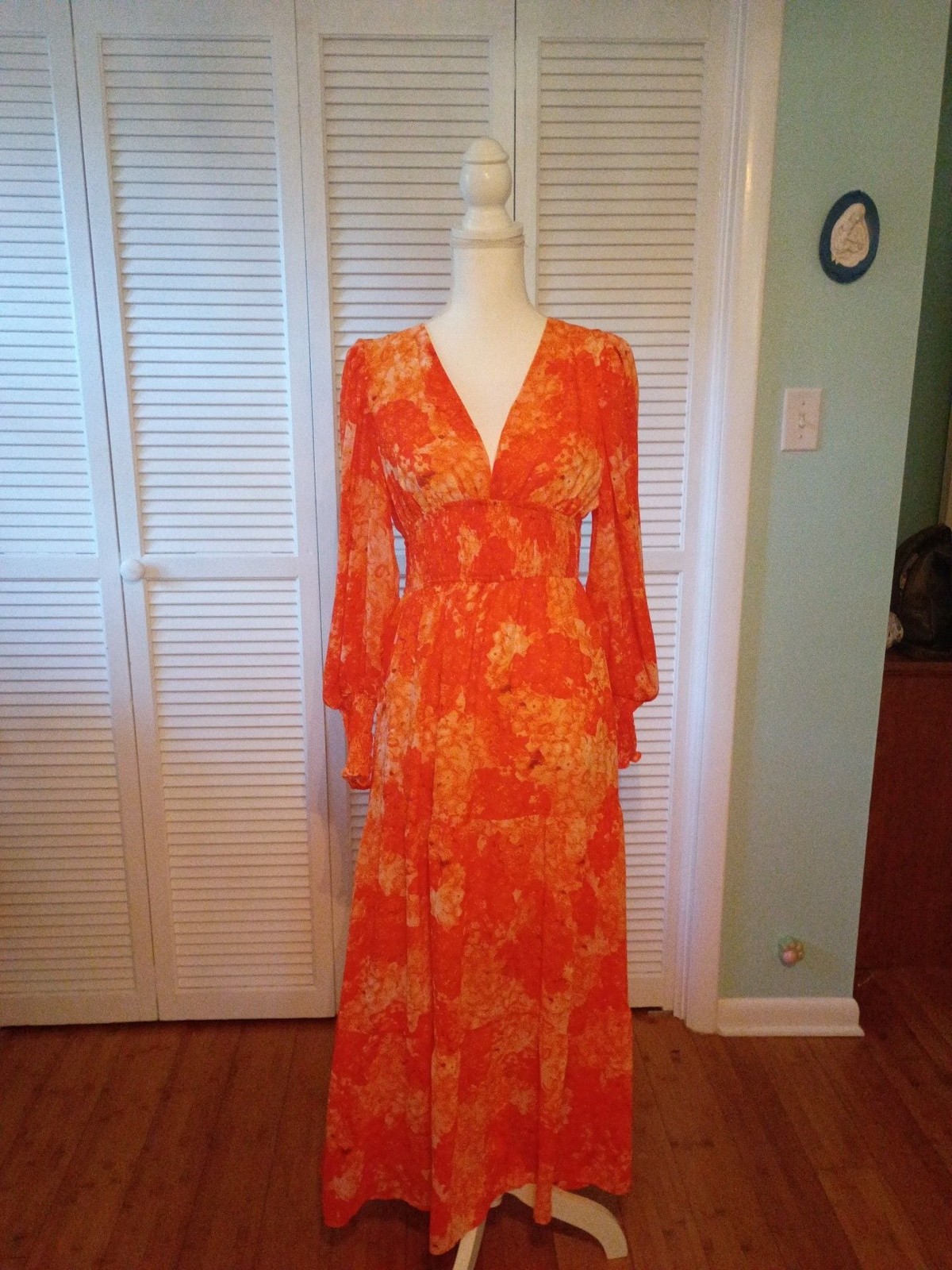 Orange Floral Long Sleeve Maxi Dress Size S