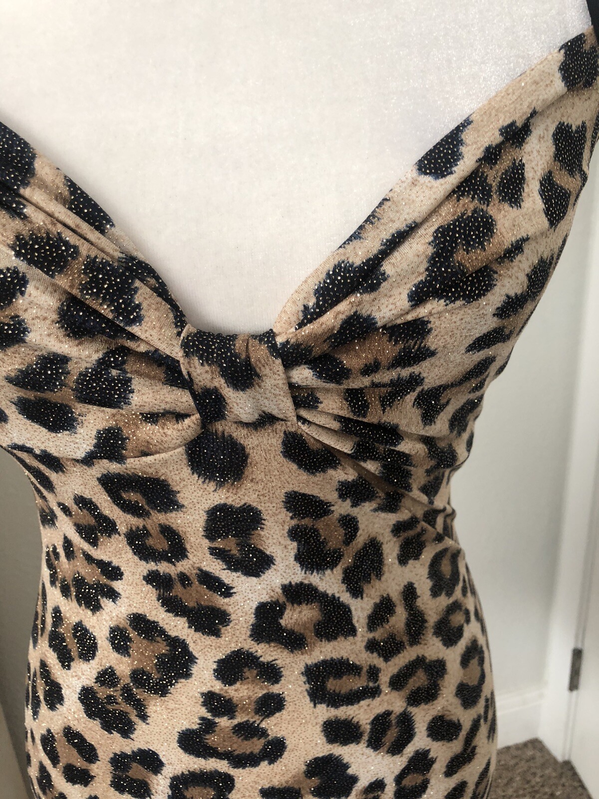 Brown Black Gold Glitter XS/S LEOPARD ANIMAL PRINT Mini SLIP DRESS Bodycon Knit