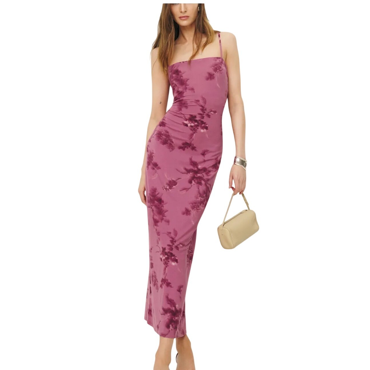 Reformation Elise Dress Medium Stretch Square Neck Spaghetti Strap Floral Pink