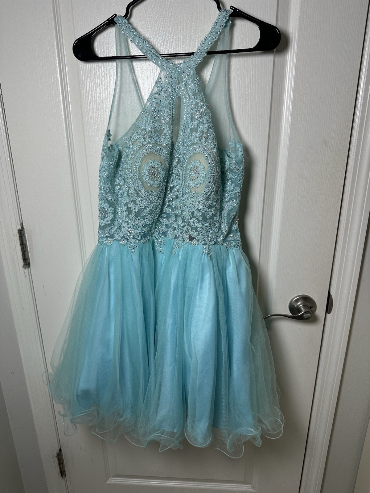 Dancing Queen Aqua Blue Beaded Halter Dress Short XL Prom Homecoming Formal