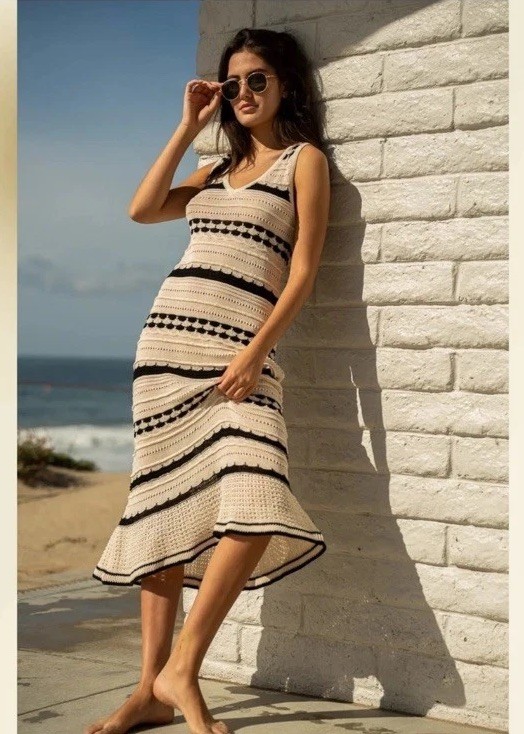JOIE Knit Crochet Midi Dress in Ivory with Black Stripes NWT Size Medium