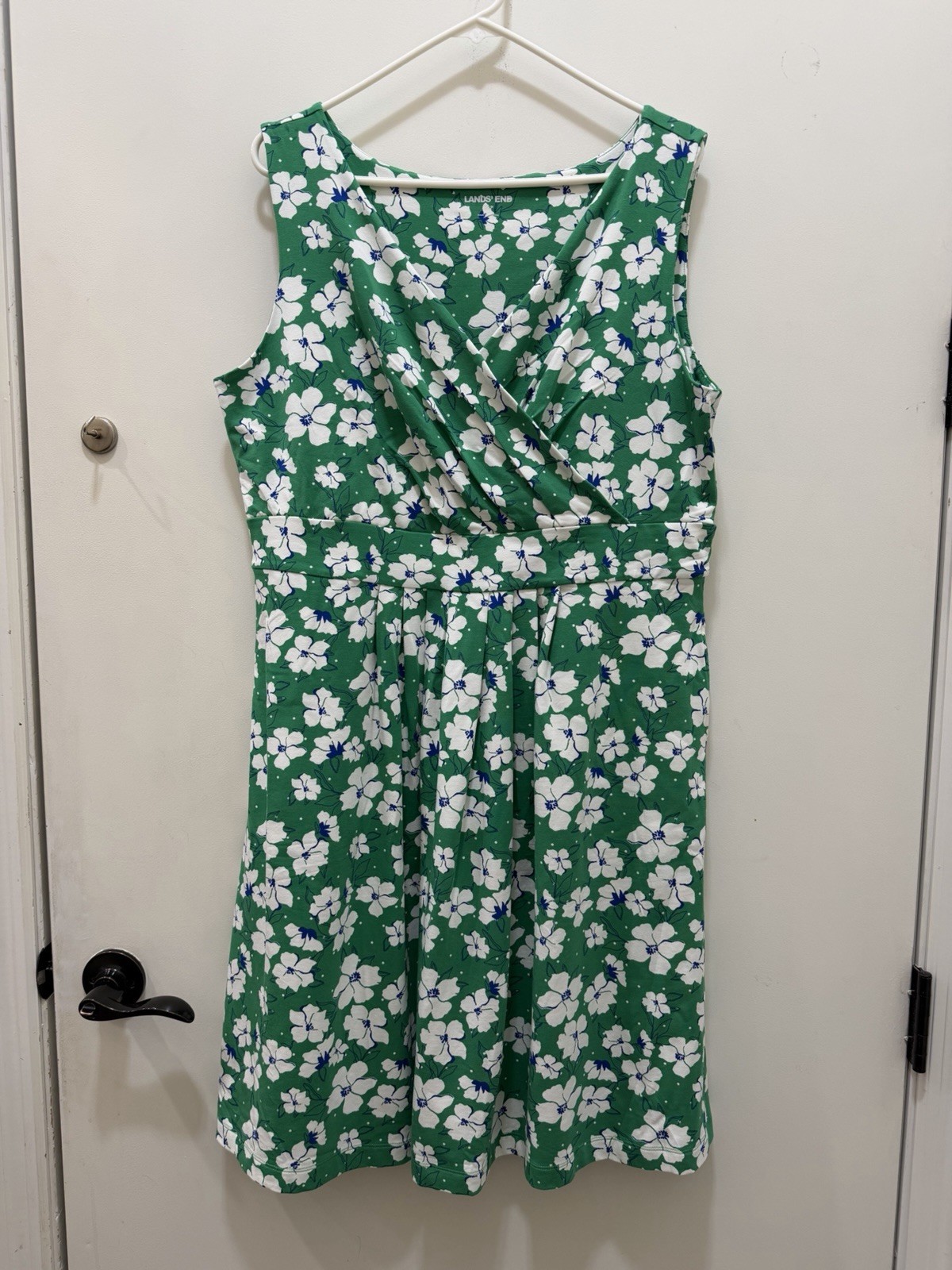 Lands’ End Women’s Sleeveless Faux Wrap Dress Size PXL Green Floral Cotton Modal