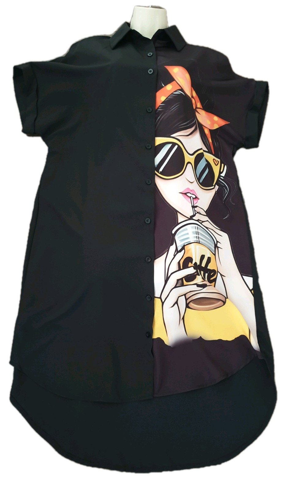 Cute Girl Portrait Print Oversized Dipped Hem Kaftan Cover-up Shirt Dress