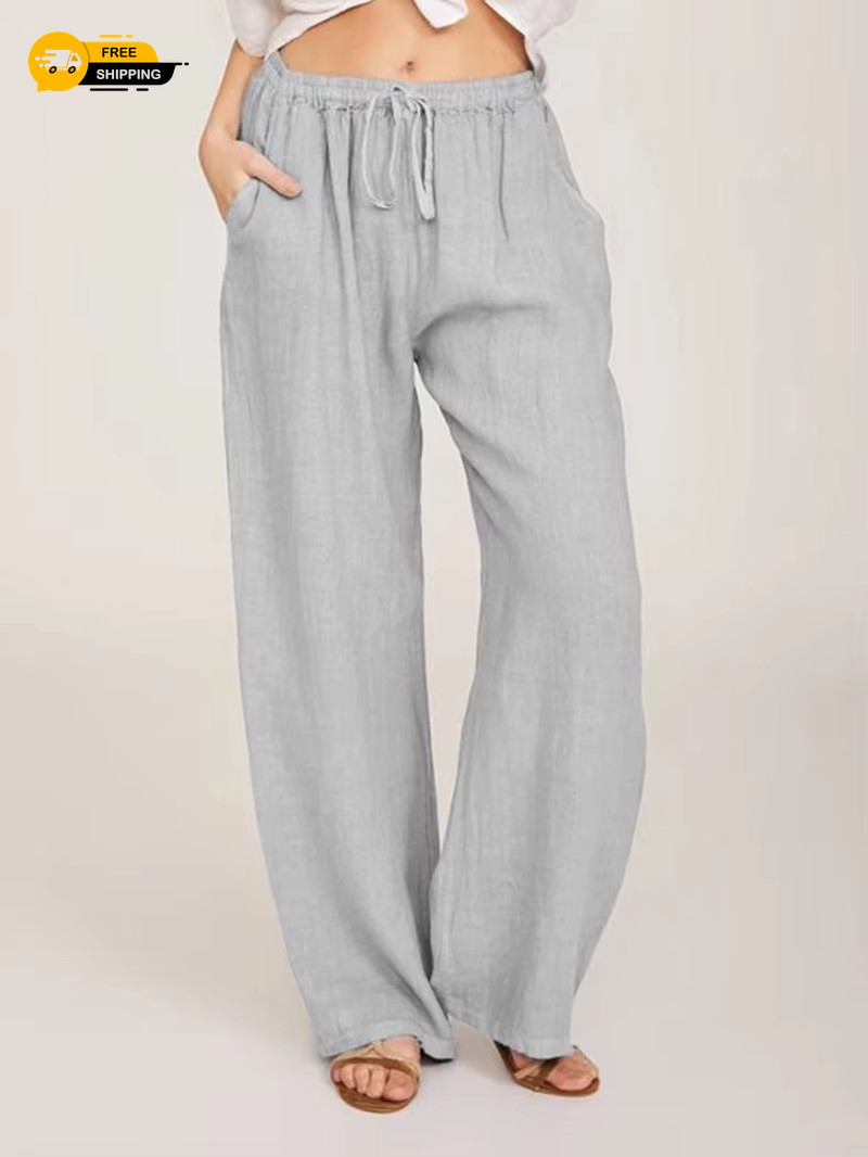 Linen Pants Summer and Autumn Solid High Waist Wide-Leg Trousers Female Loose He