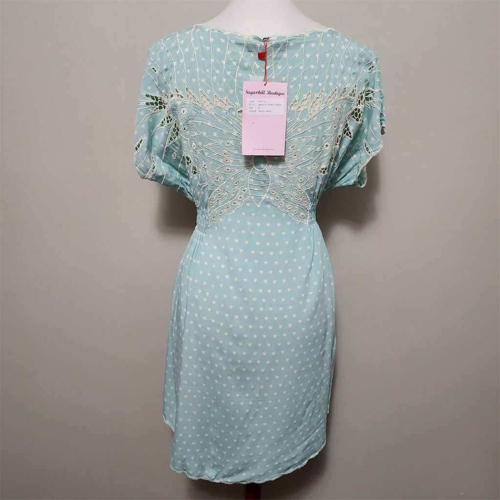 Sugarhill Boutique Heart Butterfly Dress Pastel Green M Short Sleeve