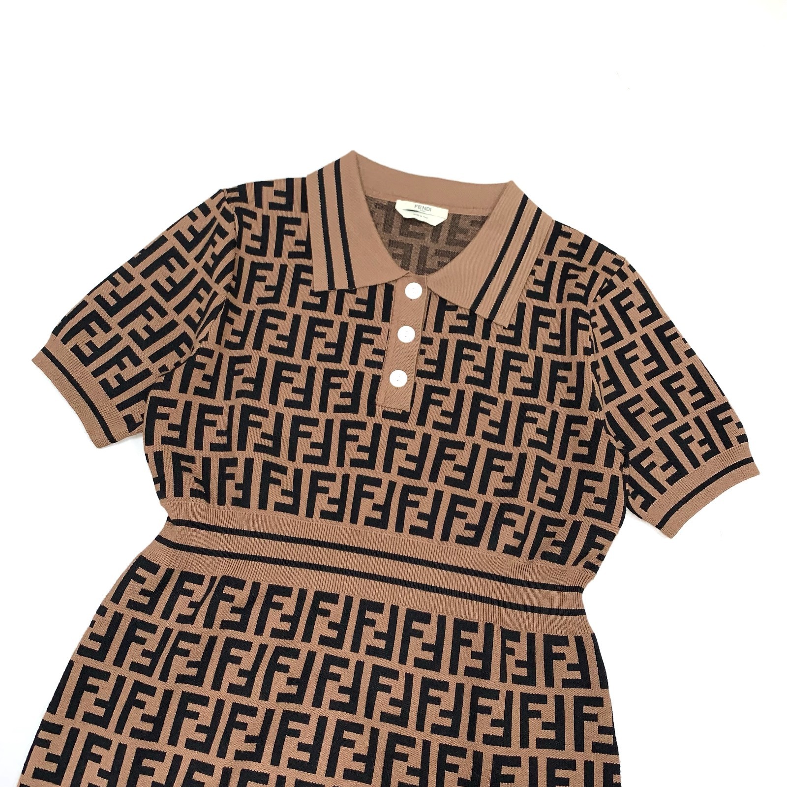 Fendi Zucca FF Monogram Logo Knitted Polo Stretched Dress Brown 38 (S) Size