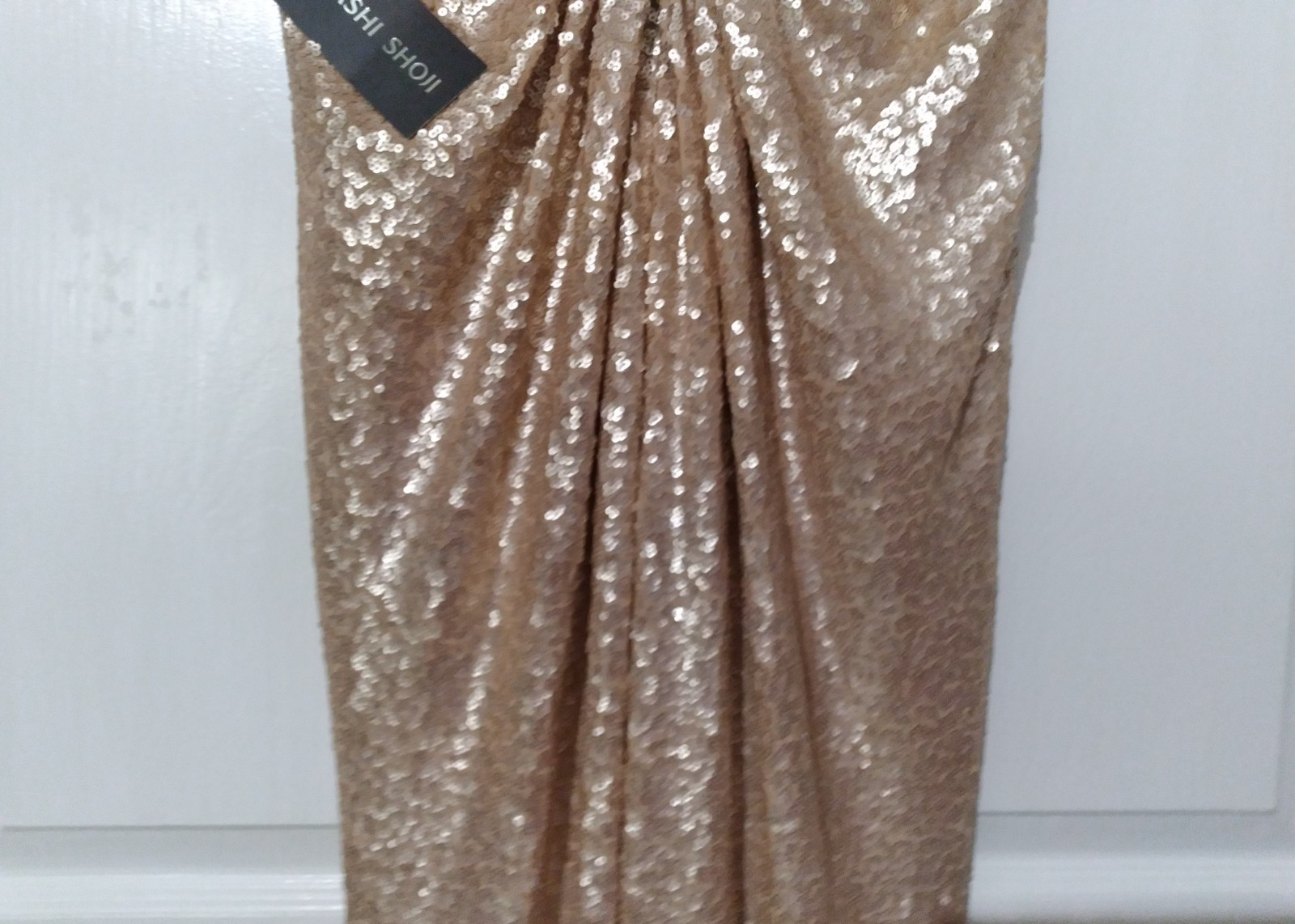 NWT Tadashi Shoji Champagne Lace Sequin Sleeveless Ruched Long Gown Dress MEDIUM