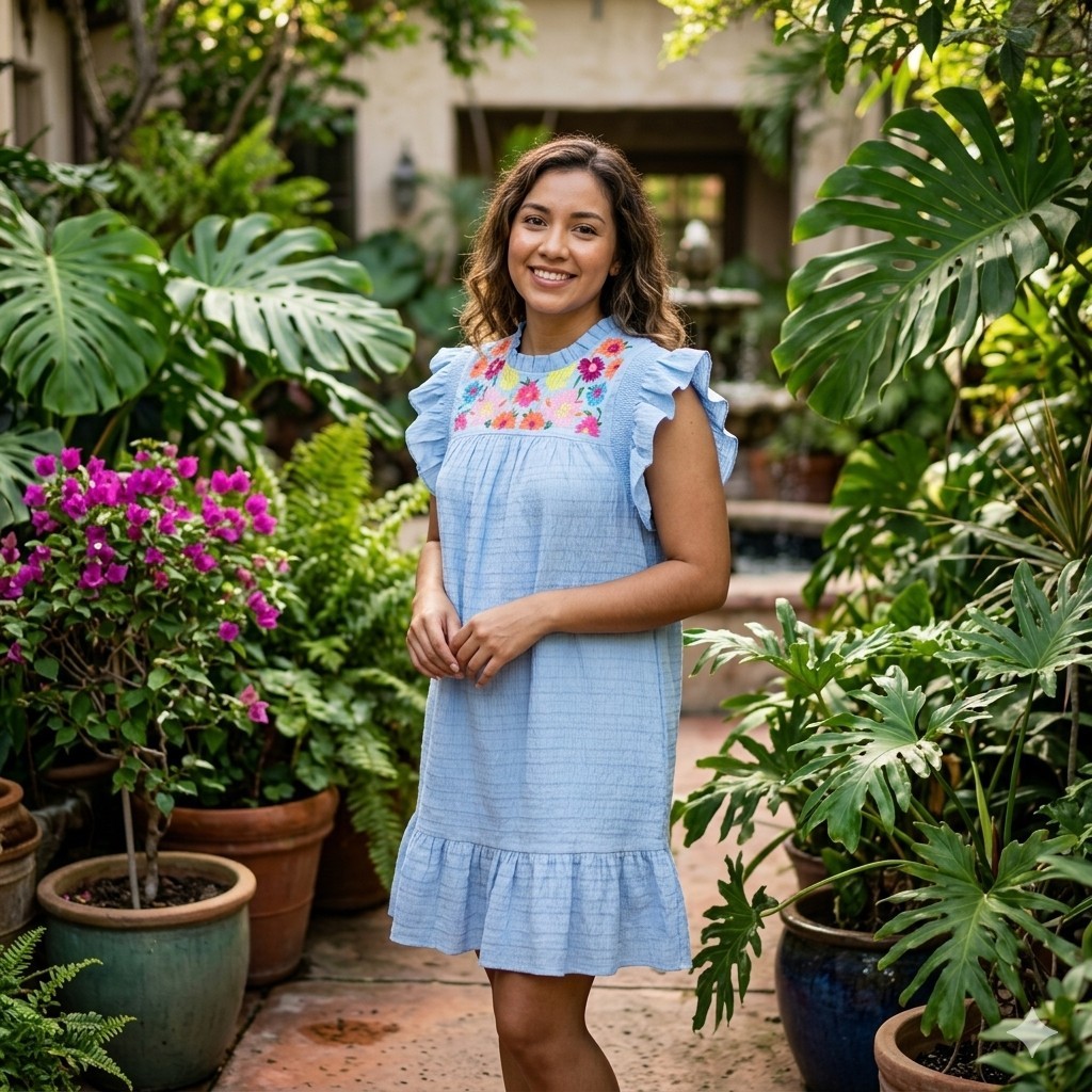 JODIFL Blue Embroidered Dress Large Sleeveless Boho Shift Tunic
