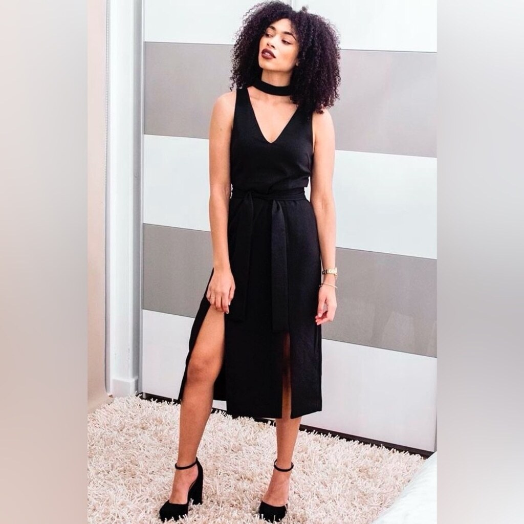 Lavish Alice Black Choker Neck Tie Waist Double Split Midi Dress US 2