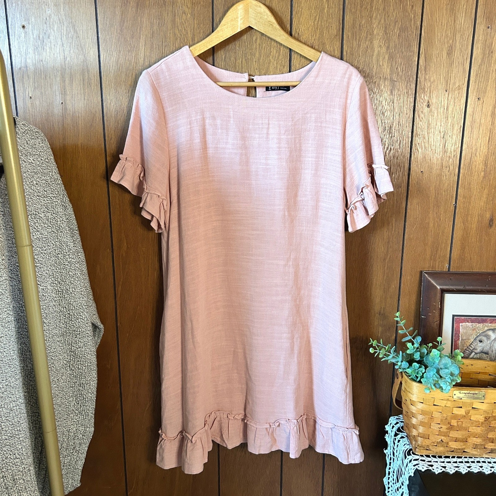 Very J Womens Pink Ruffle Short Sleeve Casual Mini Dress