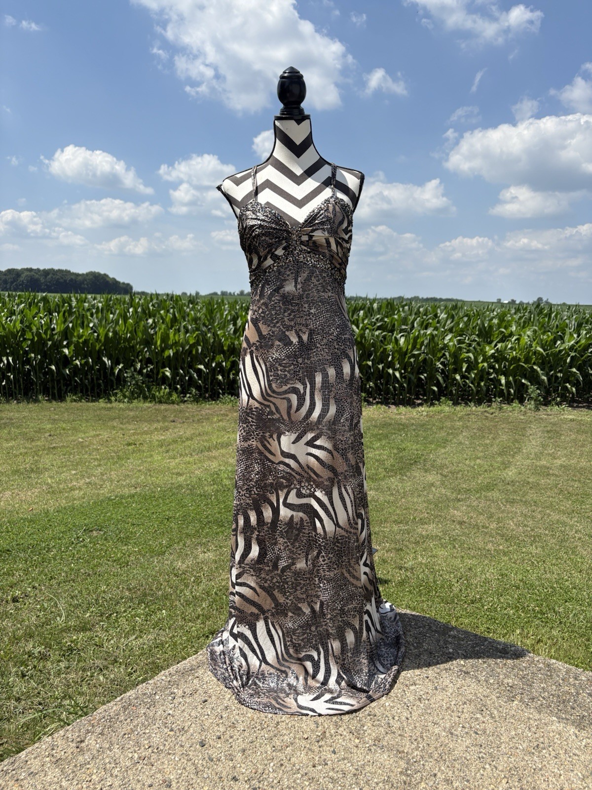 VTG Y2K Dave & Johnny Animal Print Open Back Maxi Gown Size 7/8