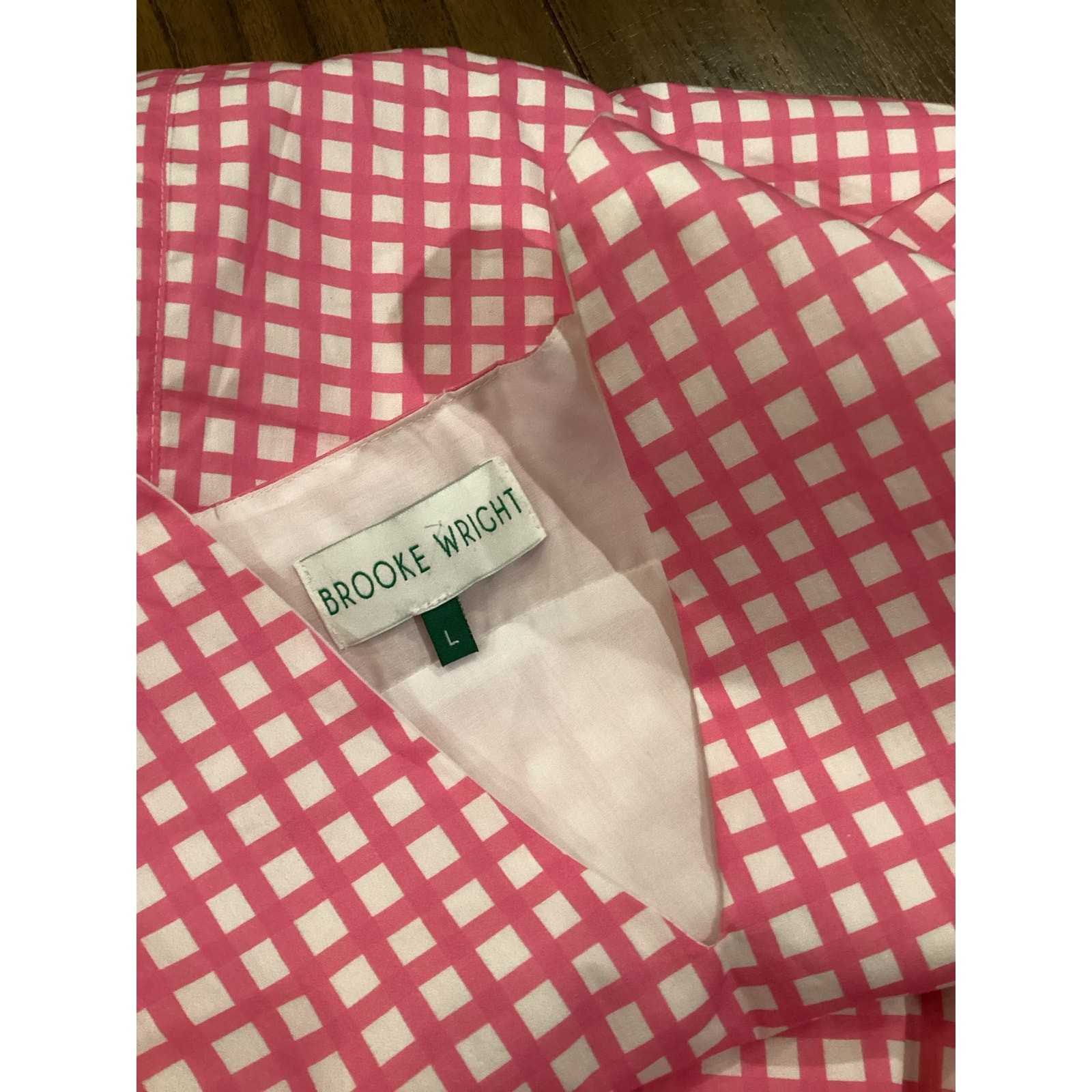 Brooke Wright lucy tiny pink check mini Dress Short Sleeve cotton linen ruffle L