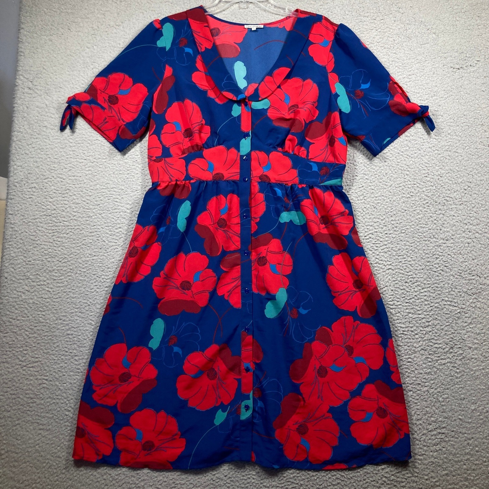 Lace & Mesh Button Up Floral Dress Womens XL Blue Red Poppy Peter Pan Babydoll