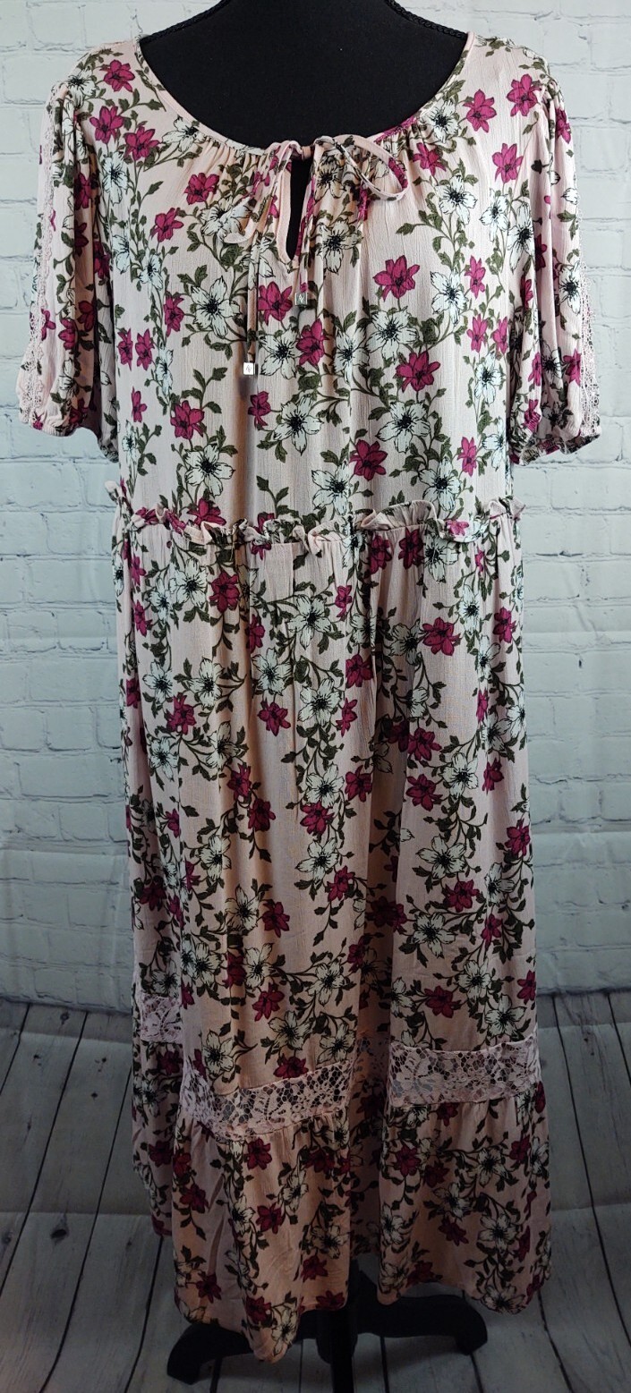 Adrienne Vittadini, NWT, Pink Floral S/S Midi Dress w/ Lace Trim & Tassel, Sz. S