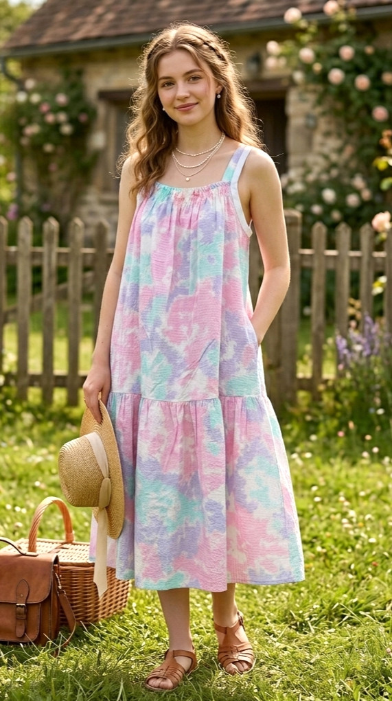 Vintage 80s 90s Dress Pastel Watercolor Tiered Midi Sundress Pocket Size Small