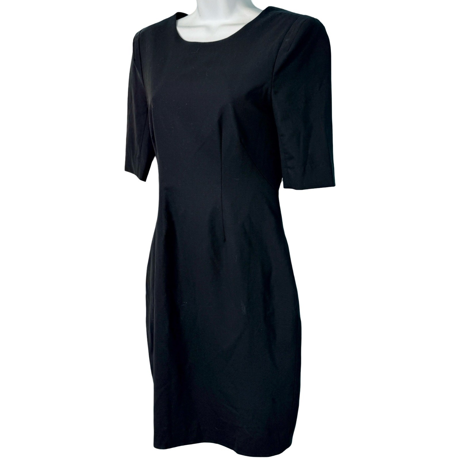 Theory Black Half Sleeve Round Neck Pleated Center Back Zip Sheath Dress size 10