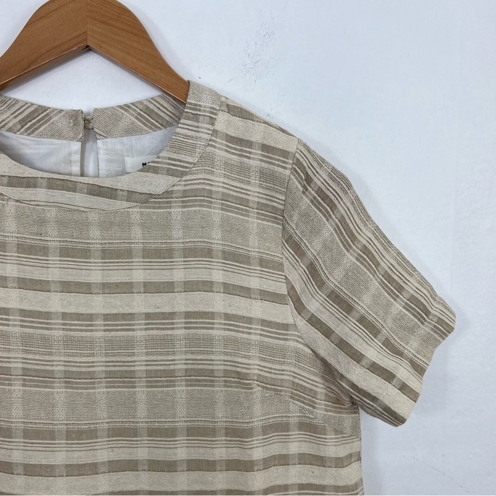 Mod Ref Striped Dress Tan Ivory Linen Textured Cotton Babydoll Dress Size Small