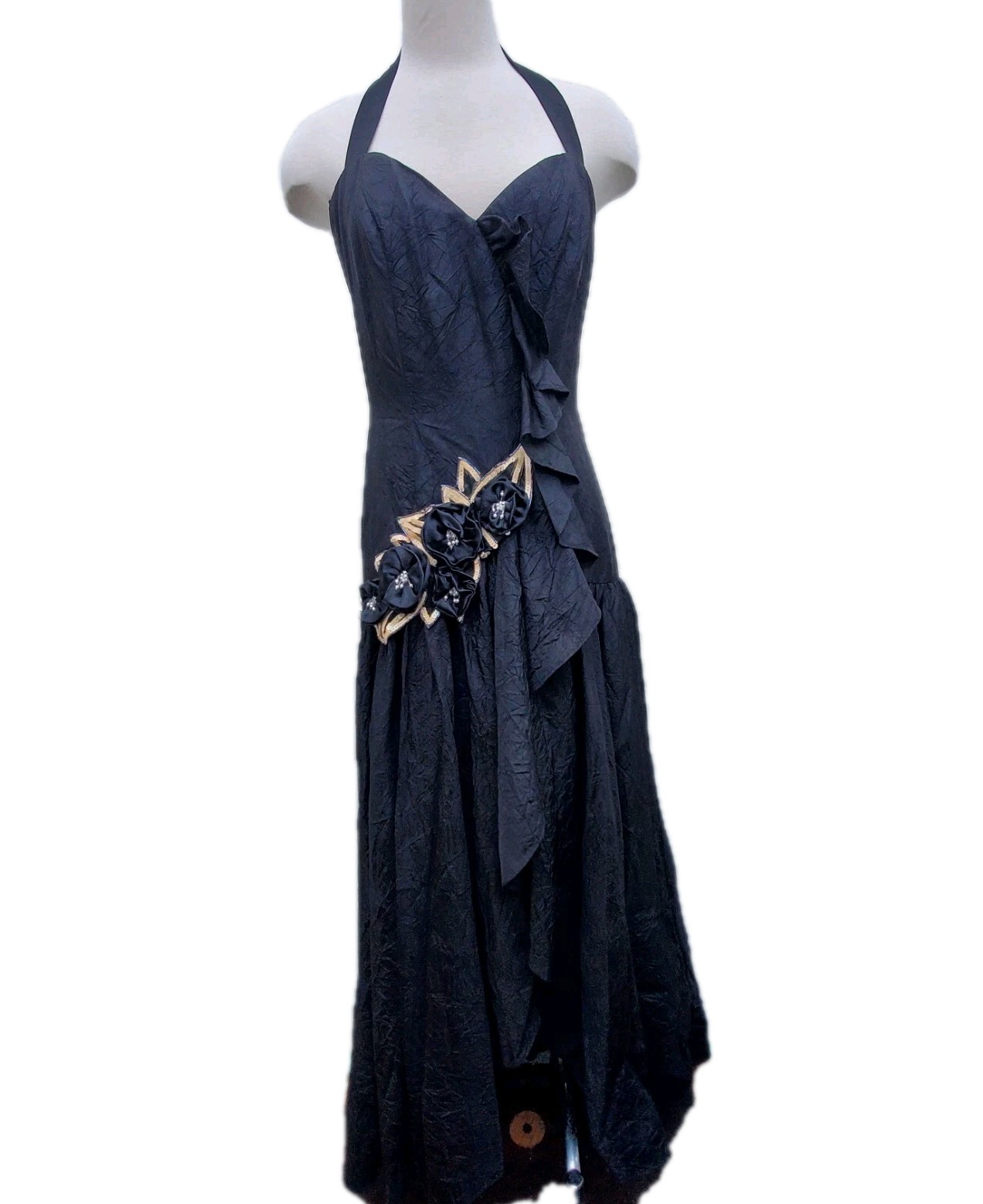 Vtg 80s Black Whimseygoth Romantic Crinkled Dress TD4 Eletra Maxi Sequins LG