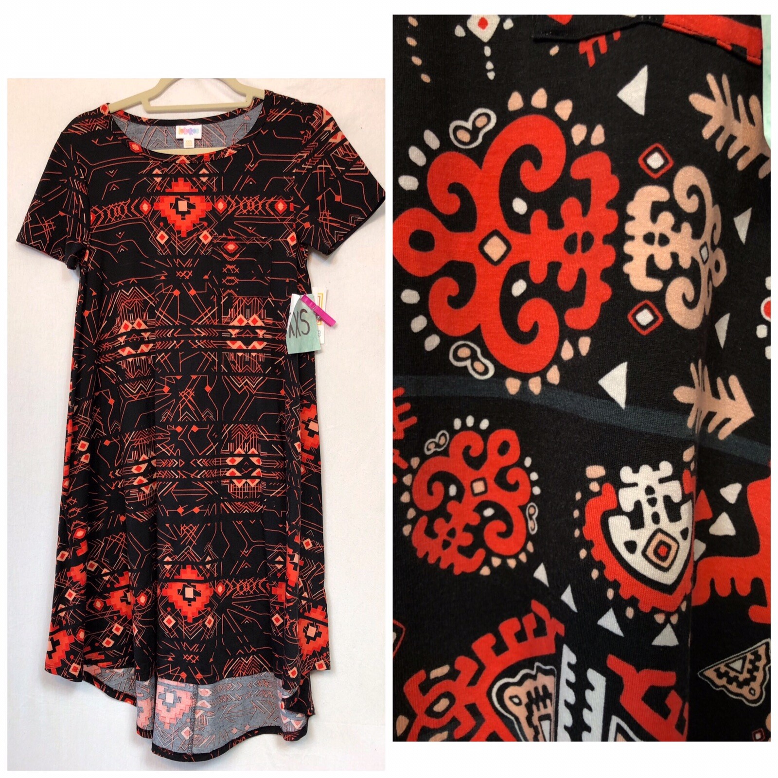 LuLaRoe Carly Dress XXS Black Red Geometric Print High-Low Hem Swing Dress NWT