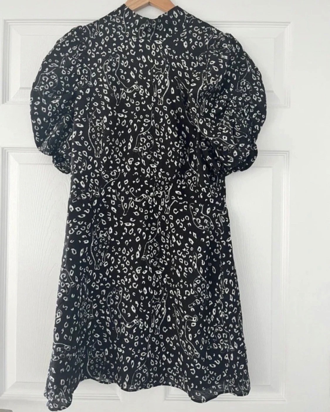 TED BAKER Raayy cat print puff sleeve high neck black white dress 3 12 new r
