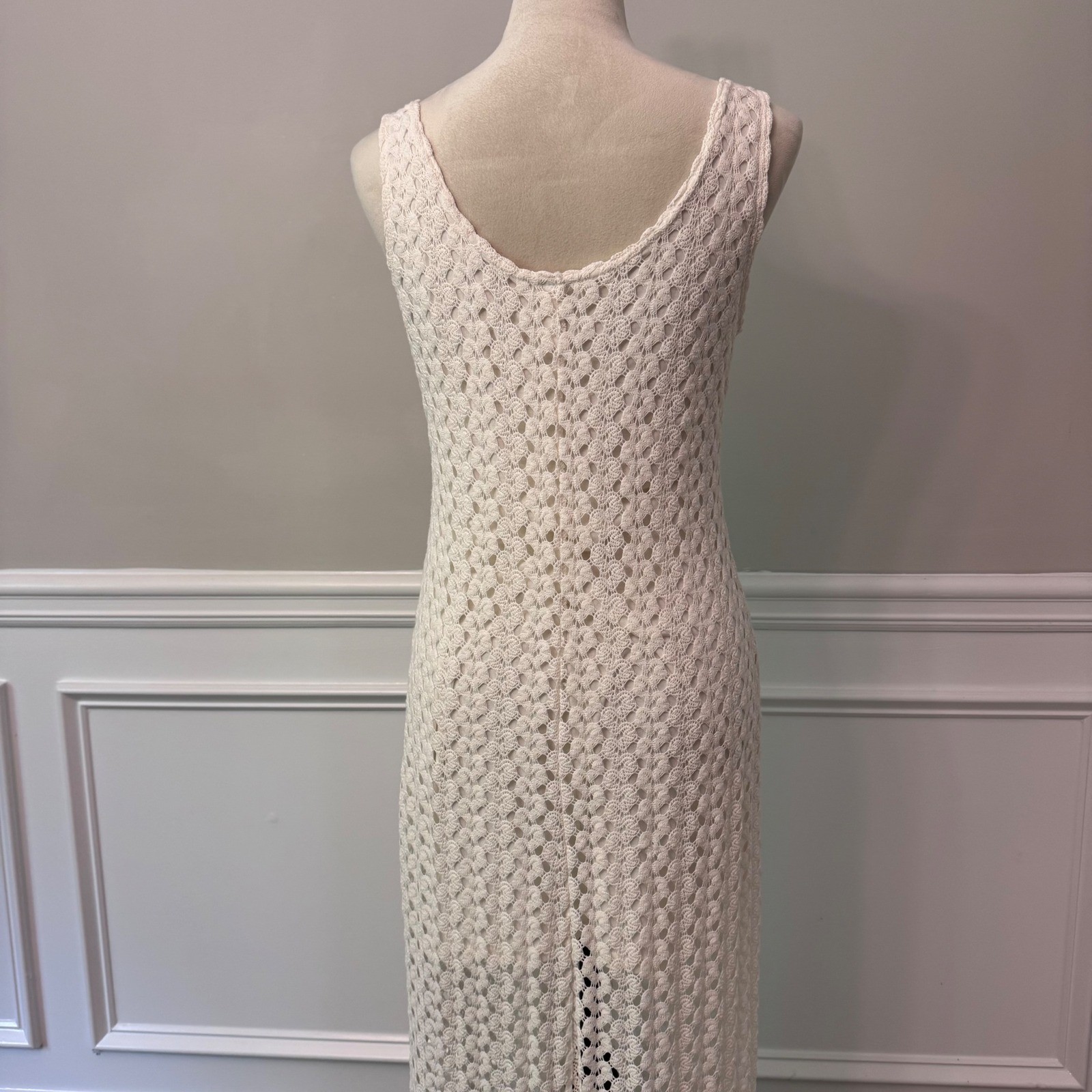 Y2K Cream Crochet Cottagecore Maxi Earthy Boho Sleeveless Scoop Neck L