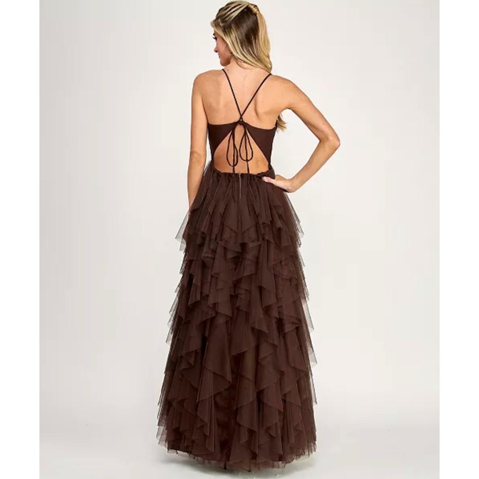 City Studio Brown Tulle Ruffled Tiered Dress Sweetheart Open Back Gown 15 16