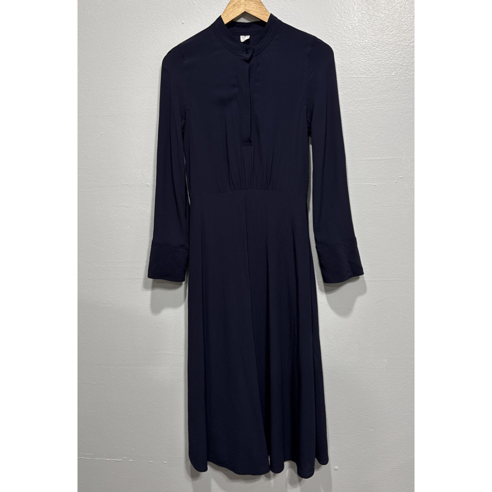 Arket Womens Modest Maxi Dress EU 34, US 4 Long Sleeves A-Line Band Collar Blue