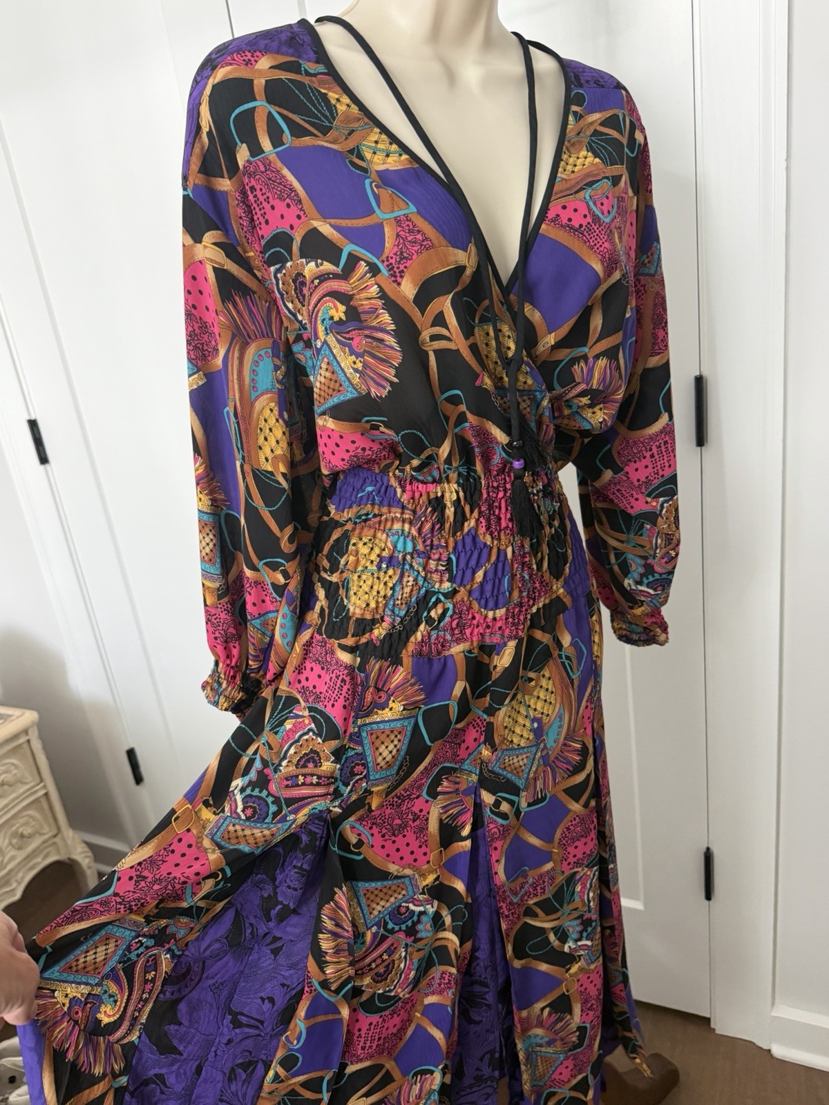Diane Freis Georgette Midi/Maxi Dress Sash Belt Buckles & fringe handbag Print M