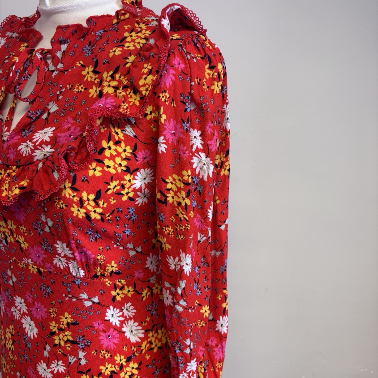 Oliver Bonas Midi Dress Size 8 Red Floral Pattern Ruffle Summer