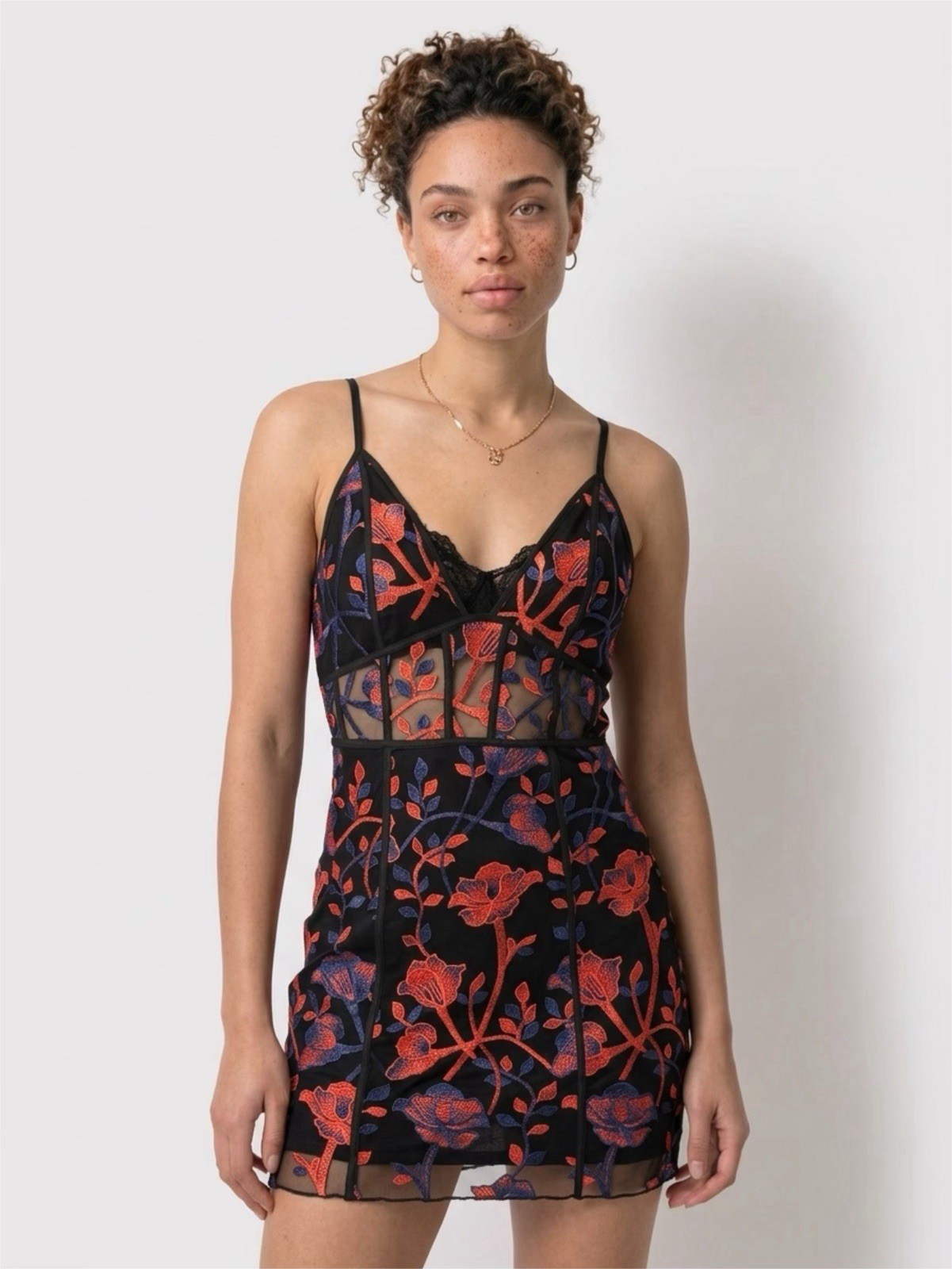 Tobi Rose Black Multi Embroidered Bodycon Dress Size L