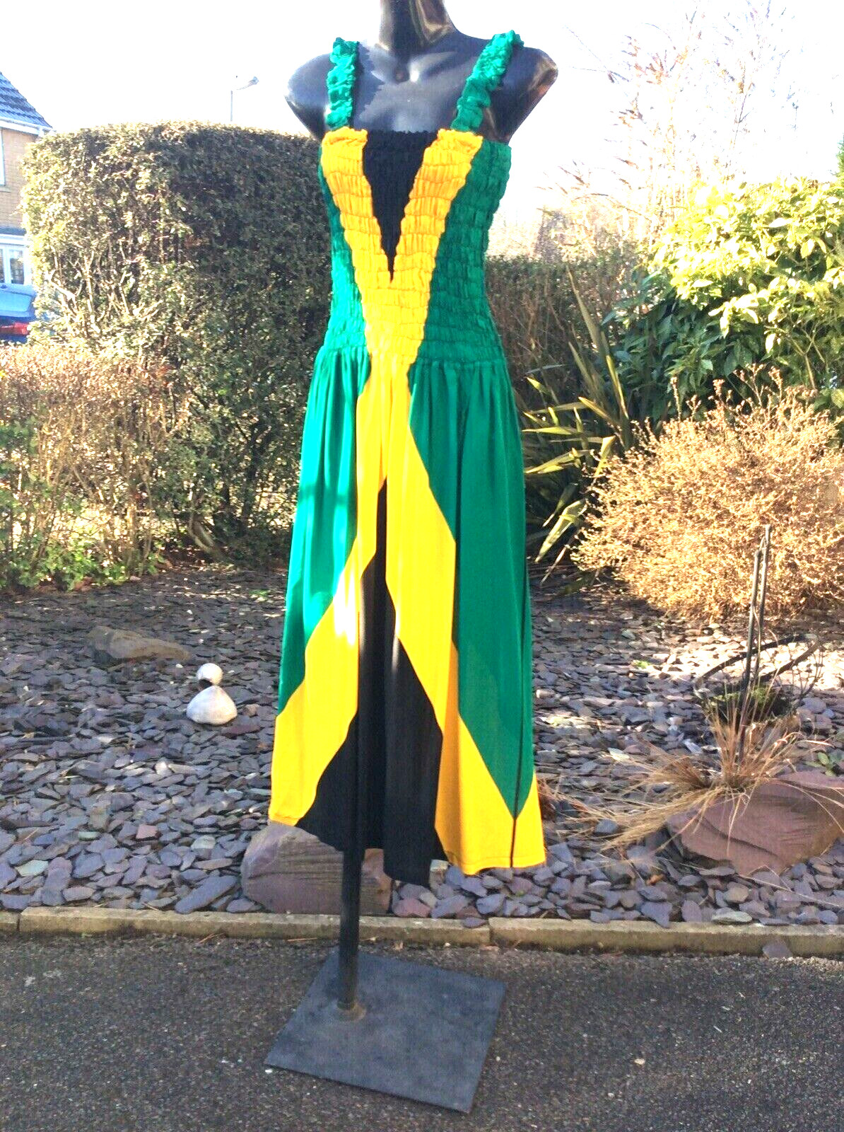 NEW ARRIVAL….HANDMADE…JAMAICAN FLAG COLOUR PRINT, ELASTICATED MAXI DRESS…