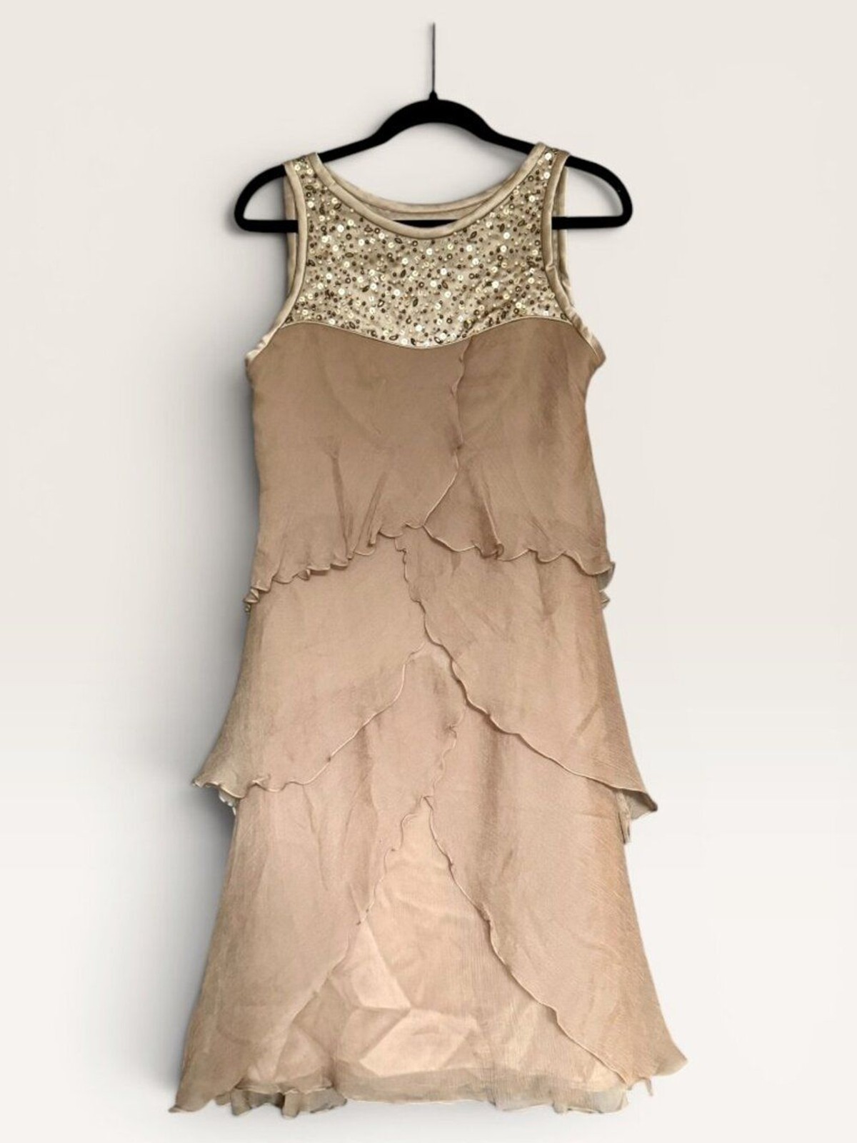 Carlos Miele 100% Silk Beaded Sequin Tiered Chiffon Cocktail Dress Taupe Size 40