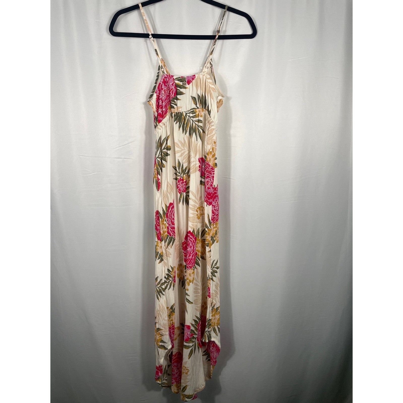 Billabong Womens Small Tropical Floral Maxi Dress High Low Pink Cream Rayon S