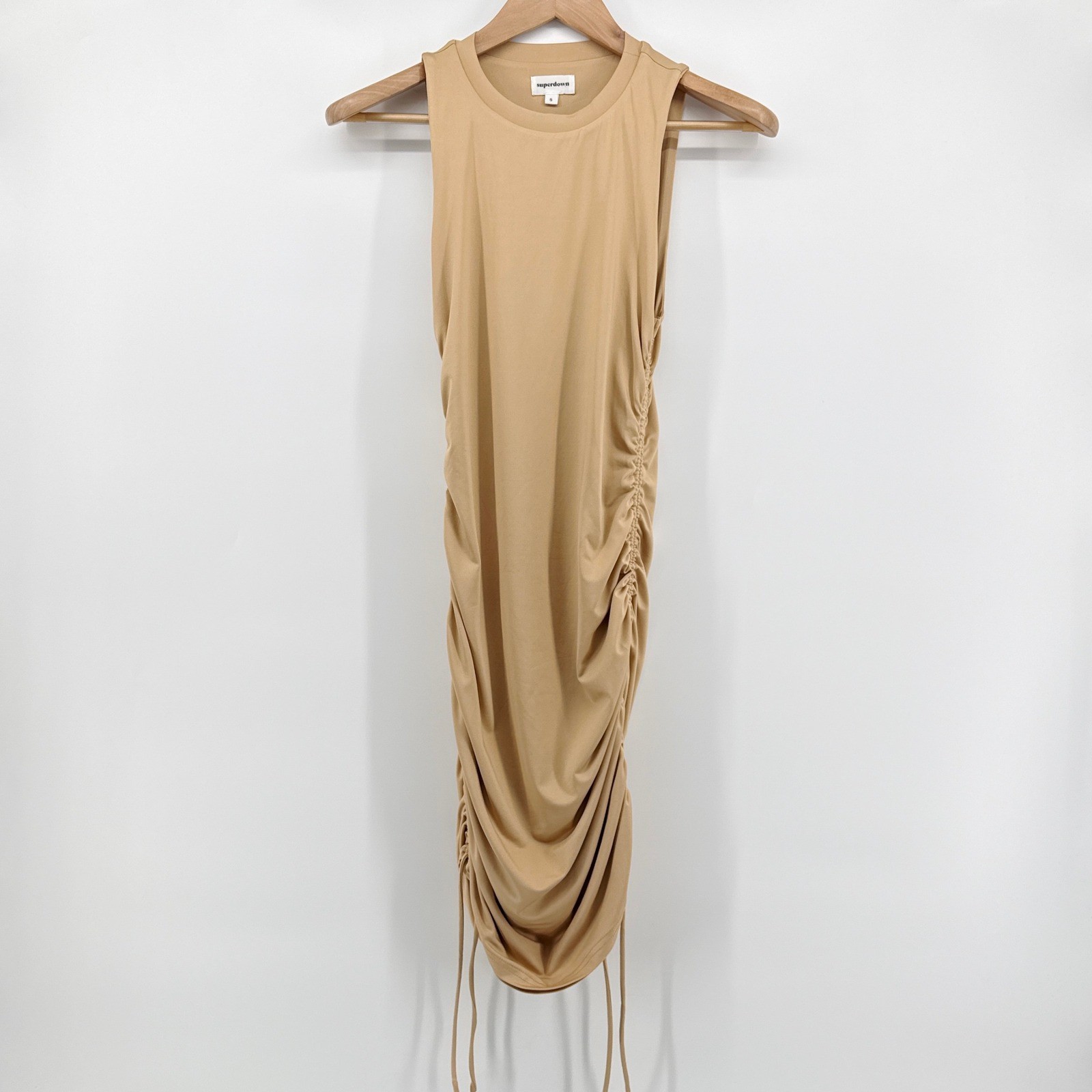 Superdown Cory Ruched Side Mini Dress Tan Nude Sleeveless Revolve Size S EUC