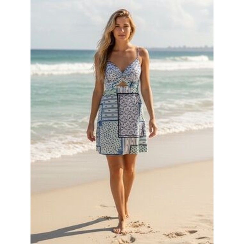 Loft Patchwork Ditsy Floral Mini Dress 8 Front Twist Cutout Blue Spring Coastal