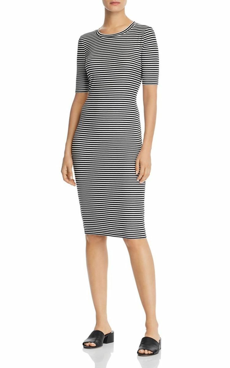 $205 Aqua Women Black White Stripe Pullover Elbow-Sleeve Crew-Neck Shirt Dress S