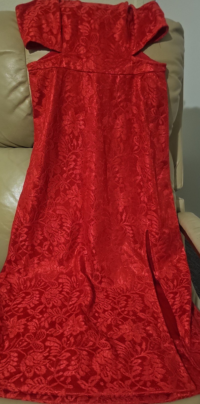 Candlelite Red Floral Lace Halter Maxi Long Dress Sleeveless Adjustable Size 8