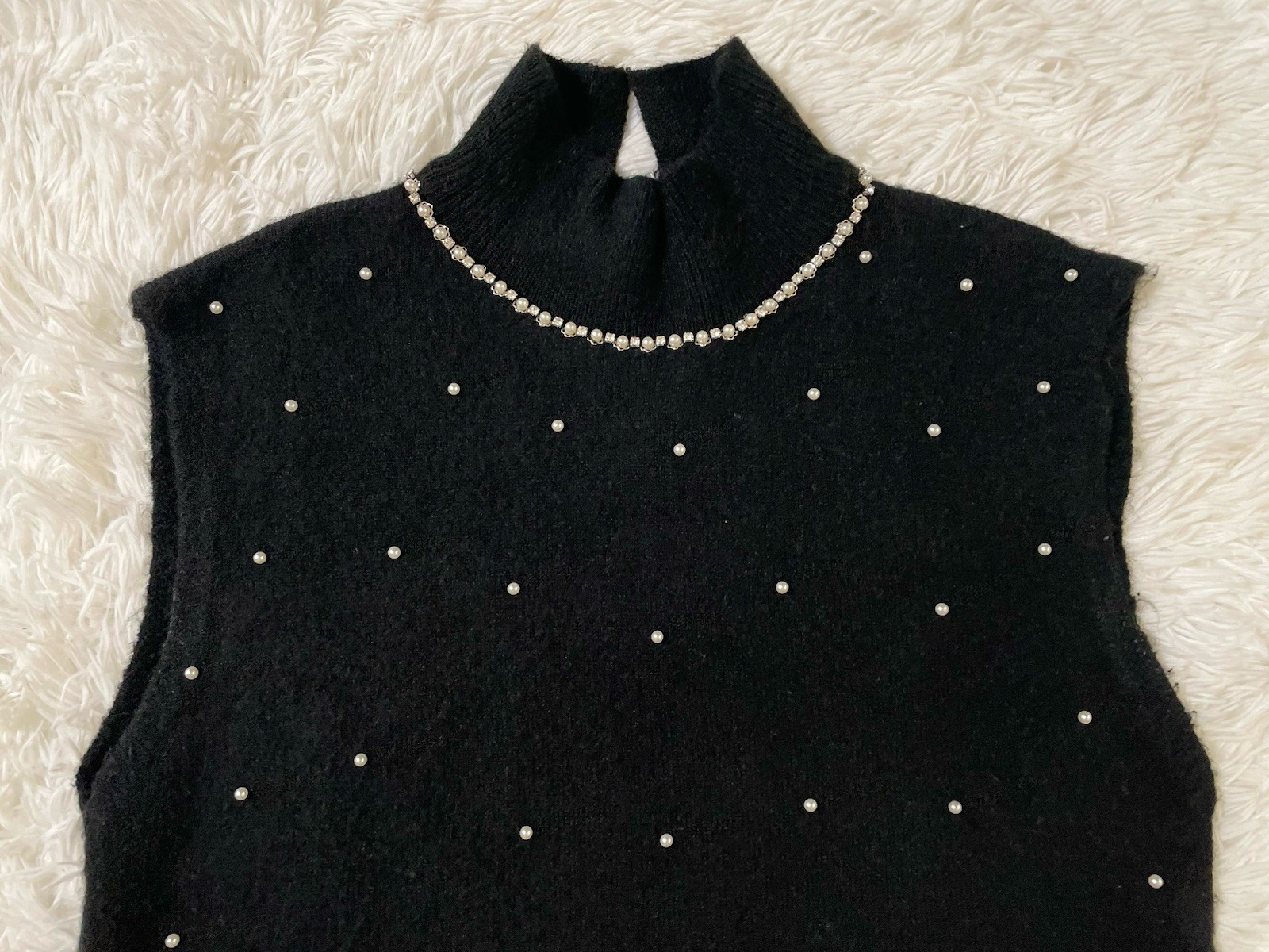 ZARA Pearl Rhinestone Mock Neck Posh Glam Classy Bling Y2K Knit Dress Black L