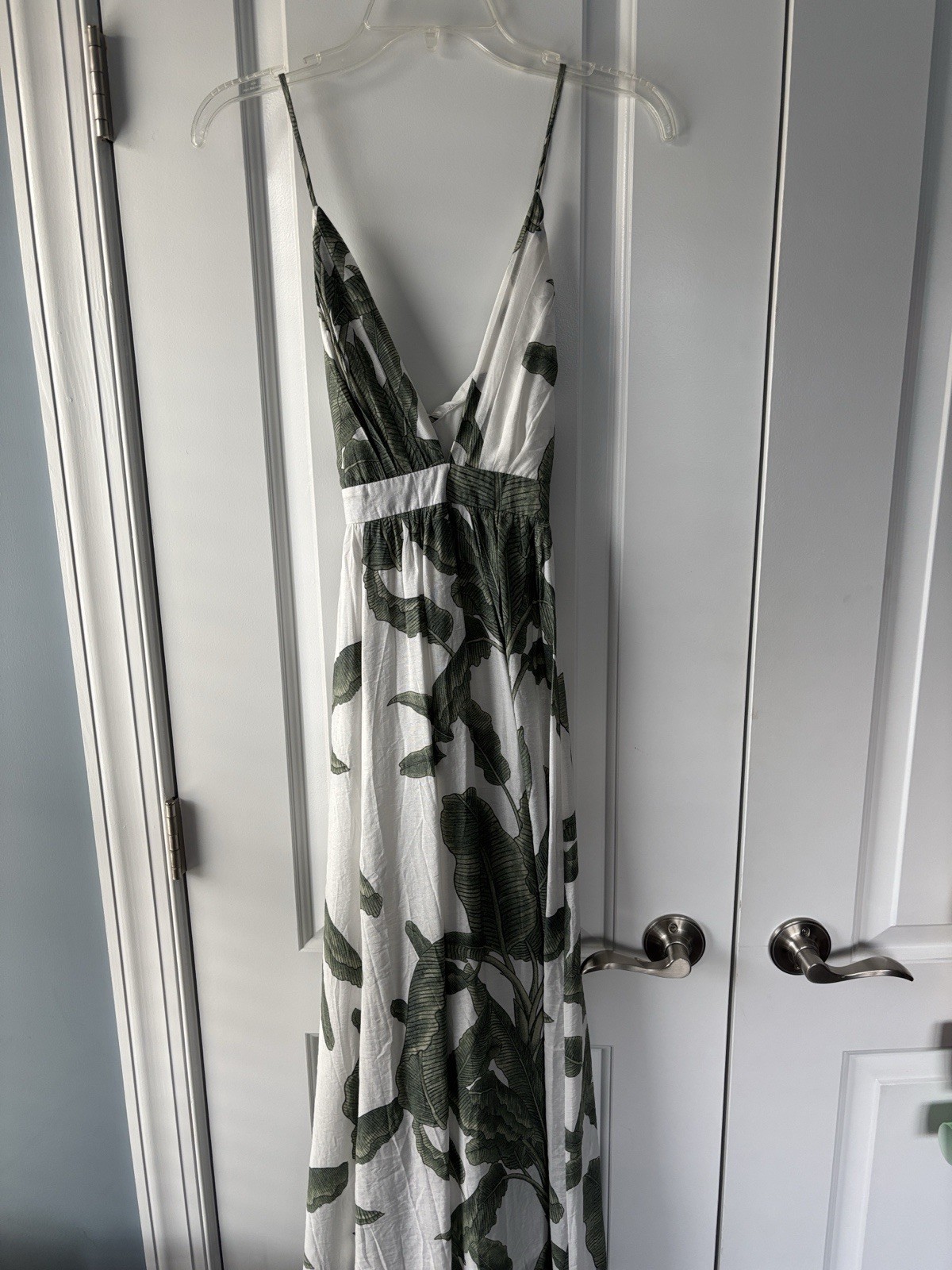 Baevely Tropical Leaf Print Maxi Dress Plunge V-Neck Boho Vacation Size